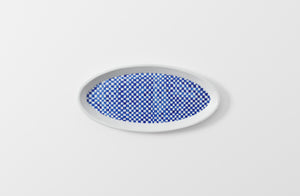 mg by hand hand painted checkered oval porcelain platter shown from overhead