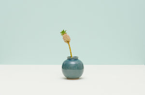 christiane-perrochon-shiny-teal-petite-boule-vase-with-baby-pineapple-flower-against-pale-turquoise-background