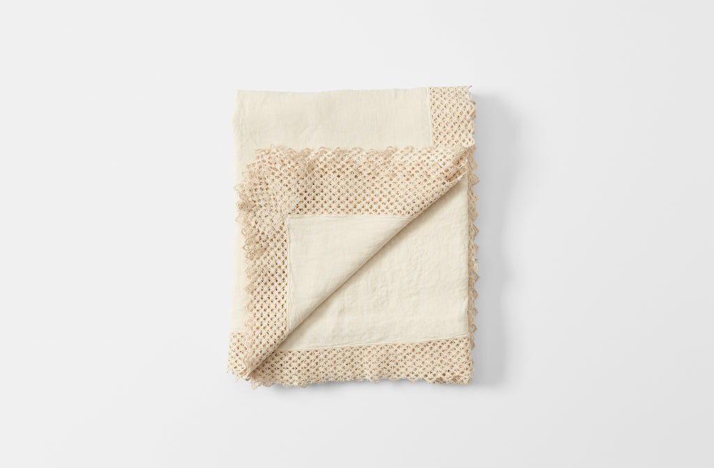 Cream Macrame Edge Linen Tablecloth
