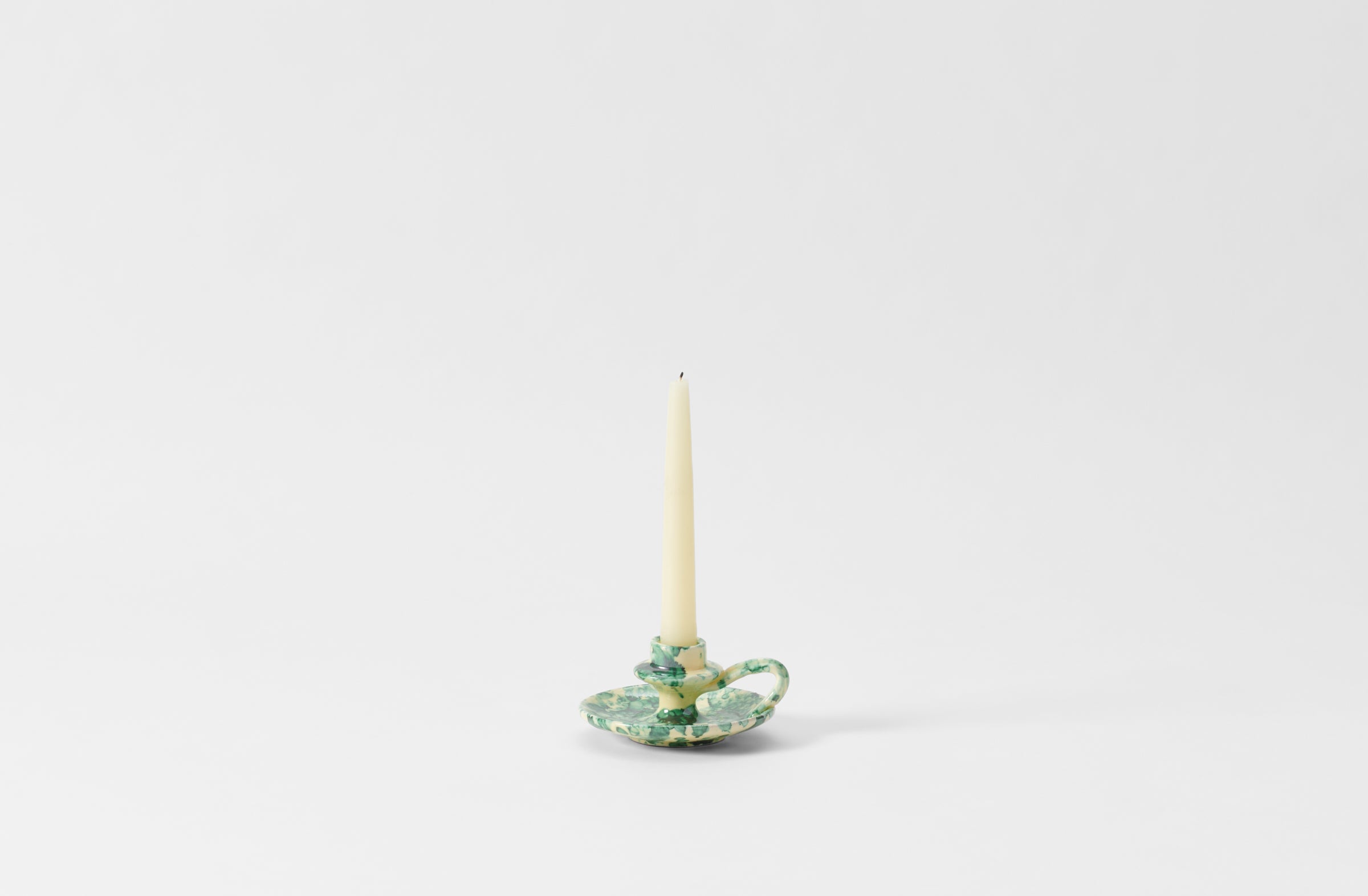 Green on Cream Splatterware Chamberstick Candleholder