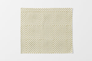 one unfolded gregory parkinson khaki garden napkin showing the reverse pattern of small khaki rectangles on cream
