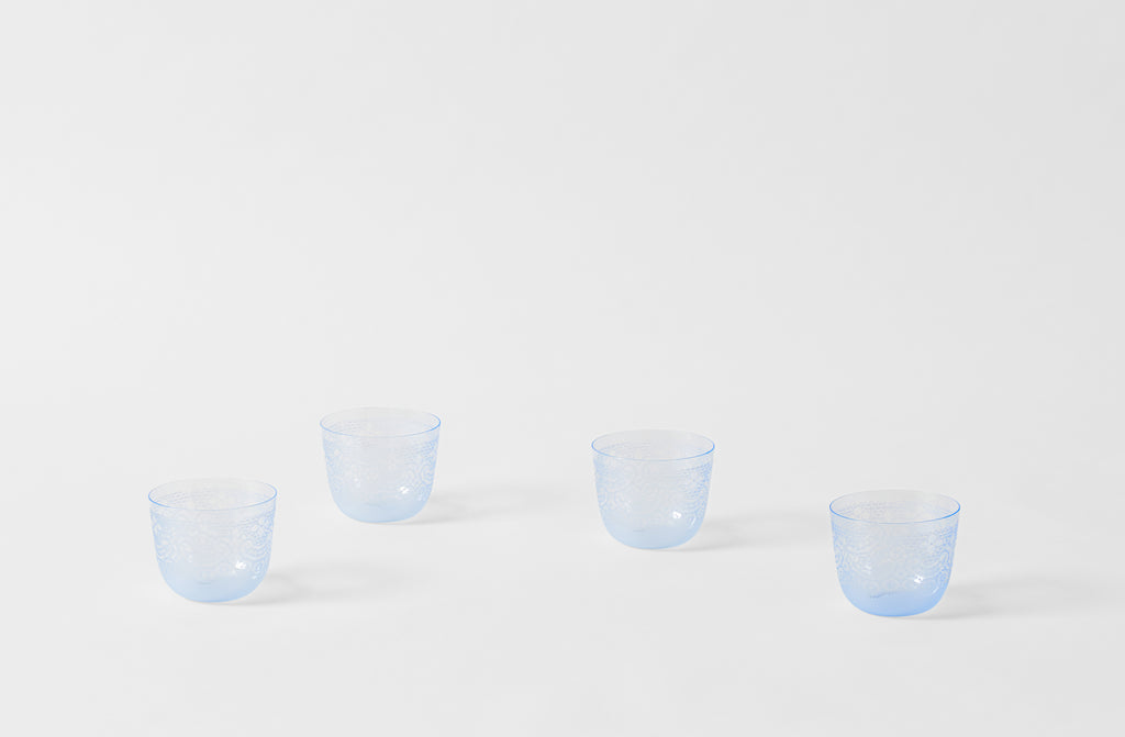 four lobmeyr viennese lace engraved blue alpha tumblers
