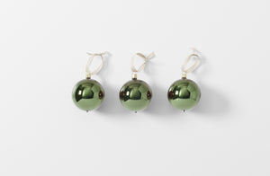 moss hand blown glass ball ornaments shown as a set of three with linen ribbon loops