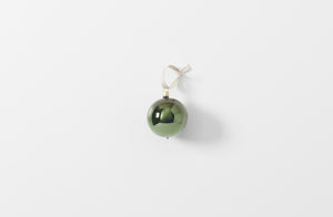 single moss hand blown glass ornament with ribbon loop