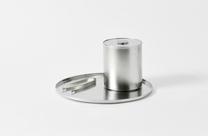 stile pewter steel round tray in a matte finish set with the matching ice bucket and ice tongs